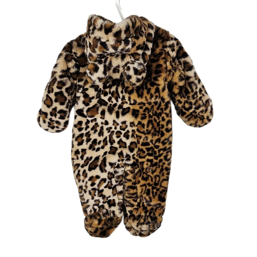 Liv & Lottie Baby Girls Cozy Leopard Faux Fur 3D Ear Hoodie One Piece Bodysuit